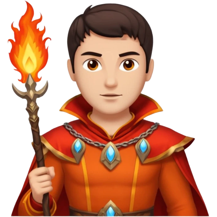 Vulcan, Fire God from Rome Mythology with dark brown hair, orange and red outfit, light tan skin emoji