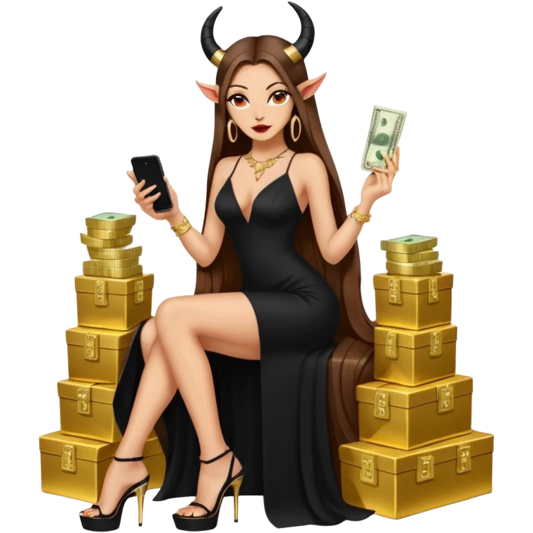 Sensual seductress long brown straight haired sexy drug lord woman with  glitter platform high heels on her feet,  and devil black horns on her head, holding a stack of cash, has a phone in other hand. Sitting on gold cases full of drugs, long black dress with sexy slit emoji