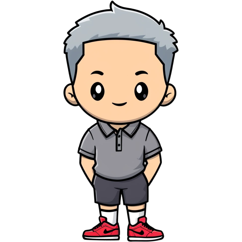 Mid 30s grey side part short hair medium size in polo and jordans emoji