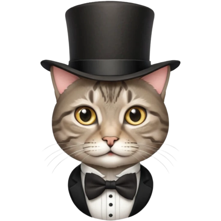 Grey tabby cat in top hat and bow tie emoji