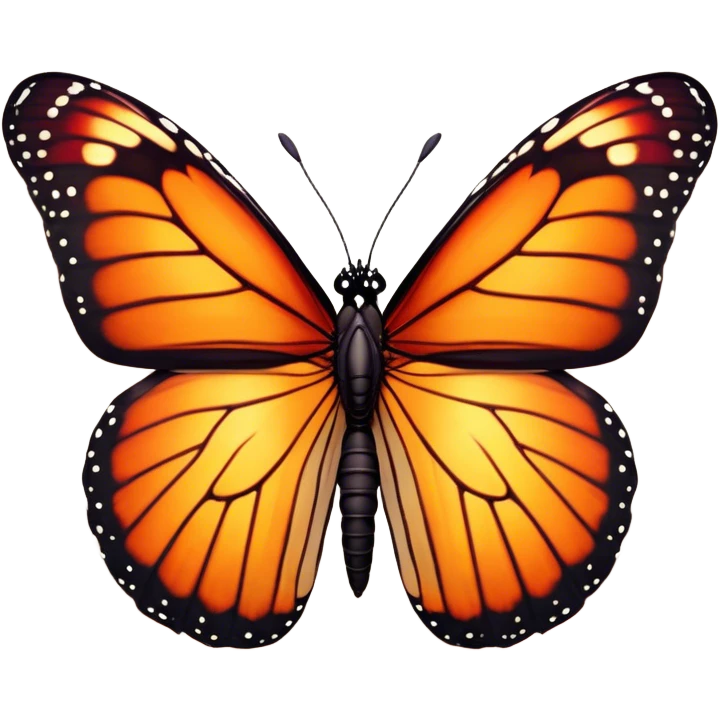 Cinematic Realistic Noble monarch Butterfly Portrait Emoji, Poised and elegant, with delicate, translucent wings rendered in rich ruby and scarlet hues, a slender, graceful body with intricately detailed textures, and soft, reflective eyes, illuminated by natural light, high shine, intelligent and regal, styled with an air of refined natural splendor, focused and attentive, soft glowing outline, capturing the essence of a watchful and confident monarch butterfly that appears to emerge majestically from the screen! emoji