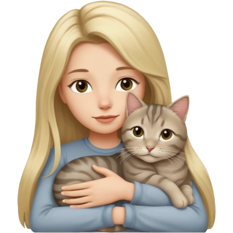 Long blonde hair woman snuggling gray tabby cat emoji