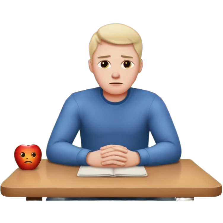 a man sits sadly at a table, a house burning in the distance behind him, apple style emoji emoji