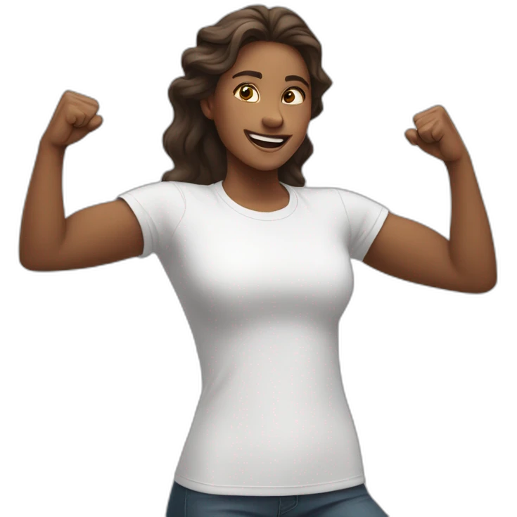 woman in white t-shirt with both fists stretched high in victory emoji