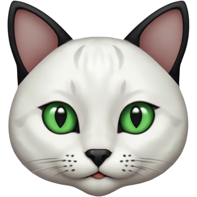 Haz una gata de ojos verdes la cara blanca con mancha negra en las orejas que agarra parte de la frente del lado der pero del iz va desde el ojo hasta la oreja la mancha, tiene la nariz negra en forma de corazón y todo lo que sobra de la cara, barbilla la nariz arriba y el lado de bigotes es blanca emoji