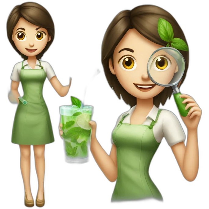 brunette girl with left magnifying glass and right mojito emoji