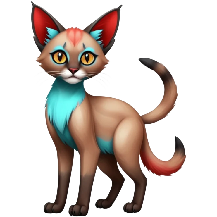 Gothic exotic Red and cyan and black and white and edgy and cute shiny Fantasy-Siamese-Bobcat-Caracal-Lykoi-feline-Fakémon-feline-hybrid (full body) emoji