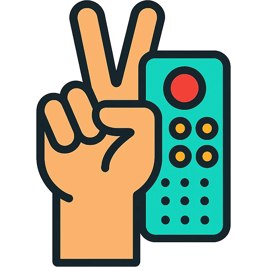 hand holding a clicker remote, peace sign gesture, minimal color outline style emoji