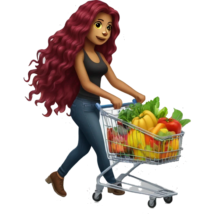 Beautiful tattooed burgundy long haired woman pushing shopping cart emoji