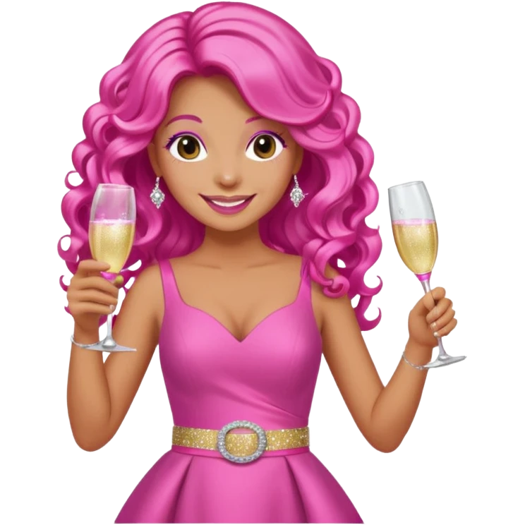 One lady with long hot pink curled hair and tan skin wearing a pink dress with sparkly belt holding a glass of pink champagne in each hand smiling cheerfully  emoji