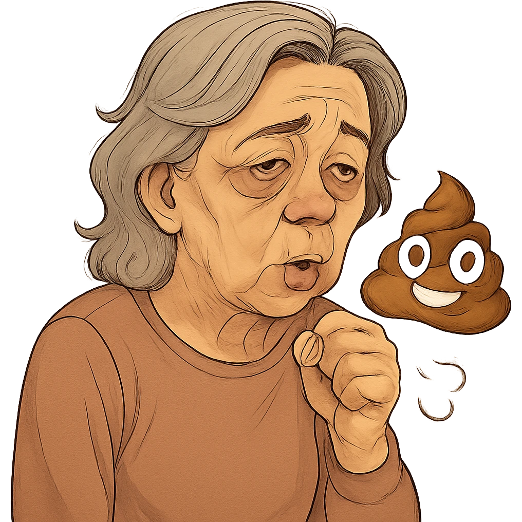 Add a poop emoji next to the 60 year old woman with bags under her eyes who is coughing. Keep the background transparent. The style should match the original image's look and feel. emoji