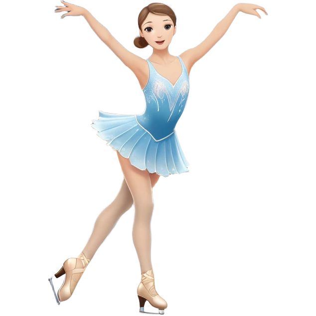 An icon featuring a graceful figure skater performing a spin on the ice. The background includes a grand ice rink palace with shining spotlights and cheering spectators in the stands. Transparent background highlights the elegance and artistry of figure skating emoji