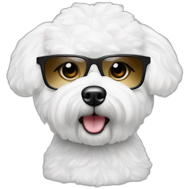 perro bichon maltés blanco y mujer piel blanca cabello largo y gafas emoji