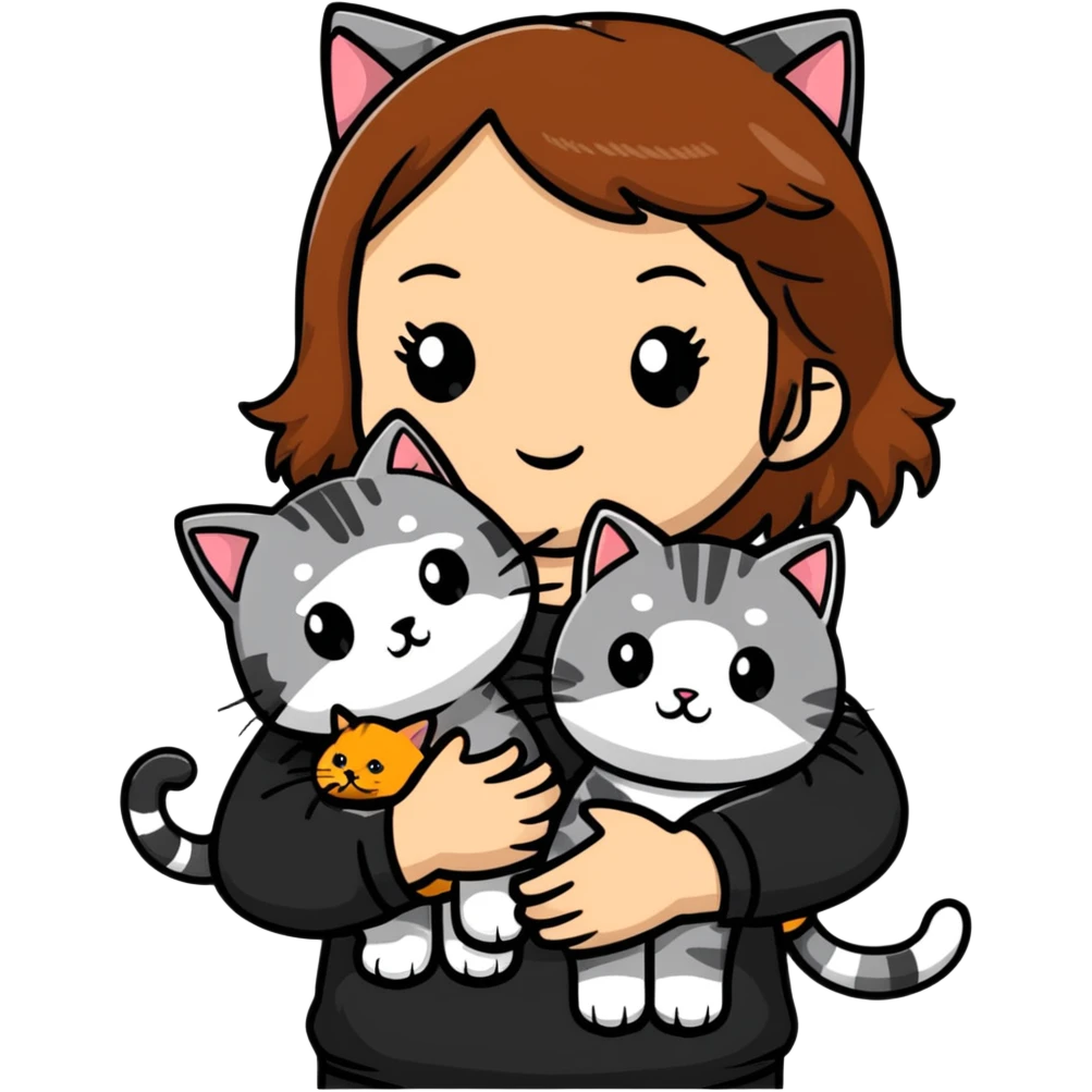 tan brown hair girl holding two black and grey striped cats emoji