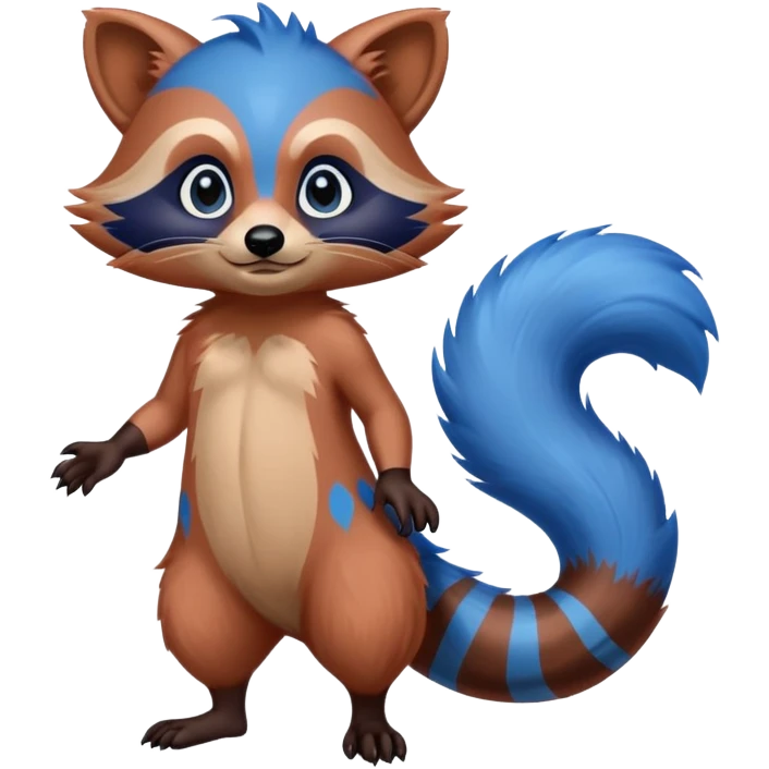 An anthropomorphic red raccoon with blue hair, eyes, and tail tip. The front and back paws are black with white claws with a dick.  emoji