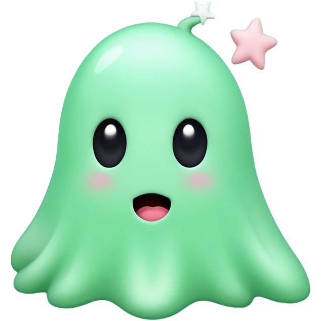 A cute, light green animated blob ghost with big round black eyes, a small white mouth, and rosy cheeks. The character has a unique upward-curving white tuft on its head. It stands against a soft pastel green background with a small white star to its left.  emoji