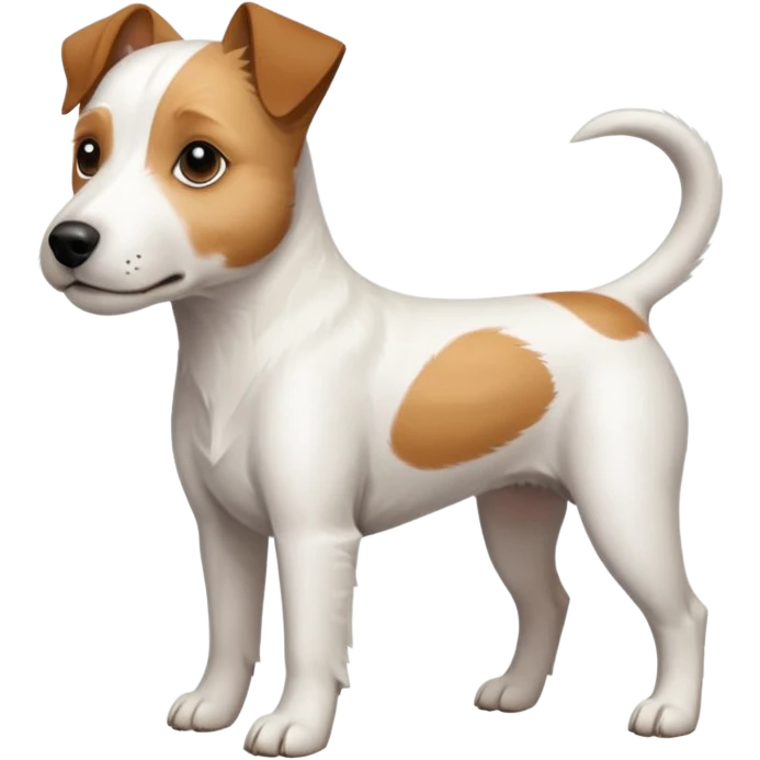 a full body white parson russell looking dog the size of a kelpie with light brown ears and a light brown patch on one eye and a large snout emoji