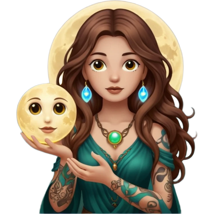 forest mystic woman long wavy brown hair tattoos holding glowing moon orb emoji