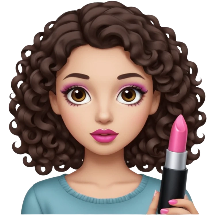 A dark brown hair little curl hair like 6 mm. roll looks so beautiful, she has an round and almond eyes with long and curl eyelashes in Douyin style, one of her hand carrying a lipstick looks similar to Rhode pink lip, her make up is cool tone and neutral style   emoji