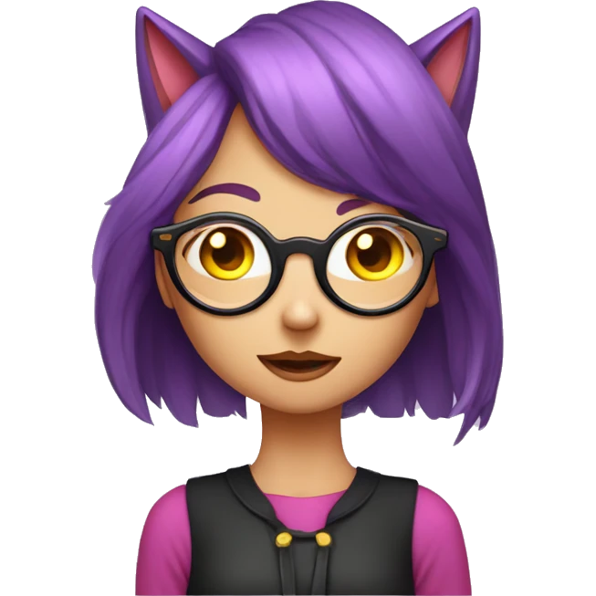 A long purple haired girl with purple fox ears and yellow eyes wearing circular glasses a black collar and pink clothes blushing drooling sweating emoji