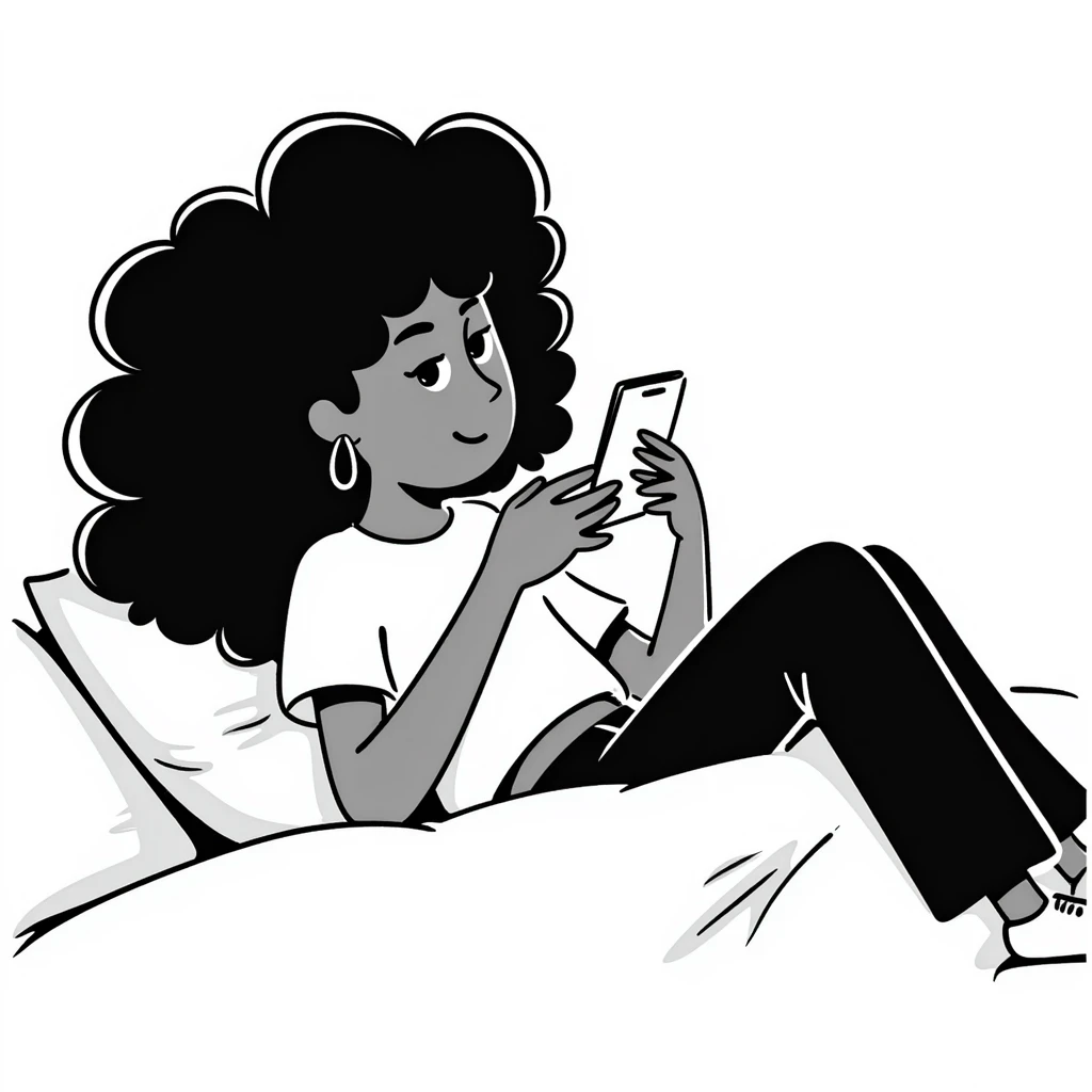 Brown-skinned teenage girl with curly black hair lying on bed looking at cellphone, heavy makeup, big lips, tight crop top, hoop earrings, choni style urban clothing emoji