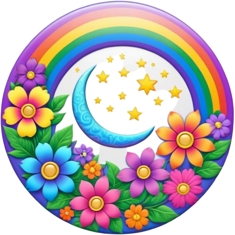 A round psychedelic colored button with a rainbow colored damask style moon and hippie flowers in the center emoji