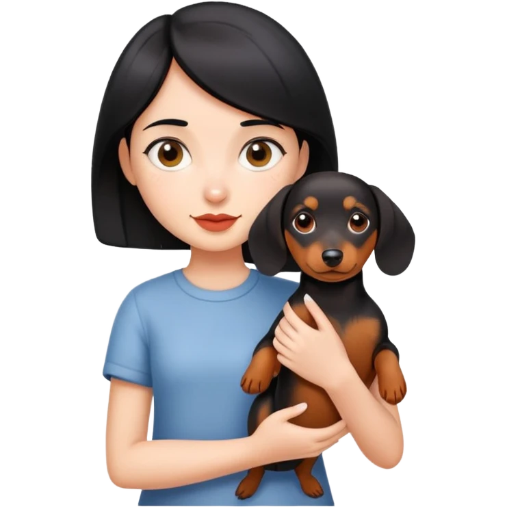 short black haired girl holding a daschund emoji