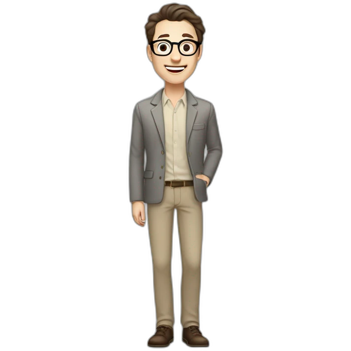 Joyful Full height Pale skinned Fit Man With dark brown hair in gray jacket, beige office shirt, Brown pants and vintage glasses. His thrumbs up emoji