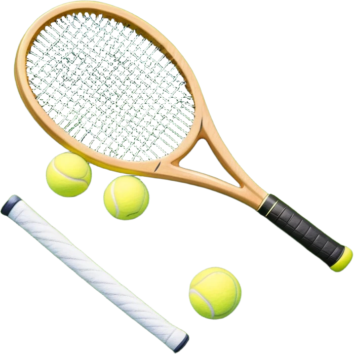 A detailed tennis racket resting on lush green grass beside a bright yellow tennis ball. The scene captures the essence of classic lawn tennis, with a crisp and clean background emphasizing the elegance and tradition of the sport emoji