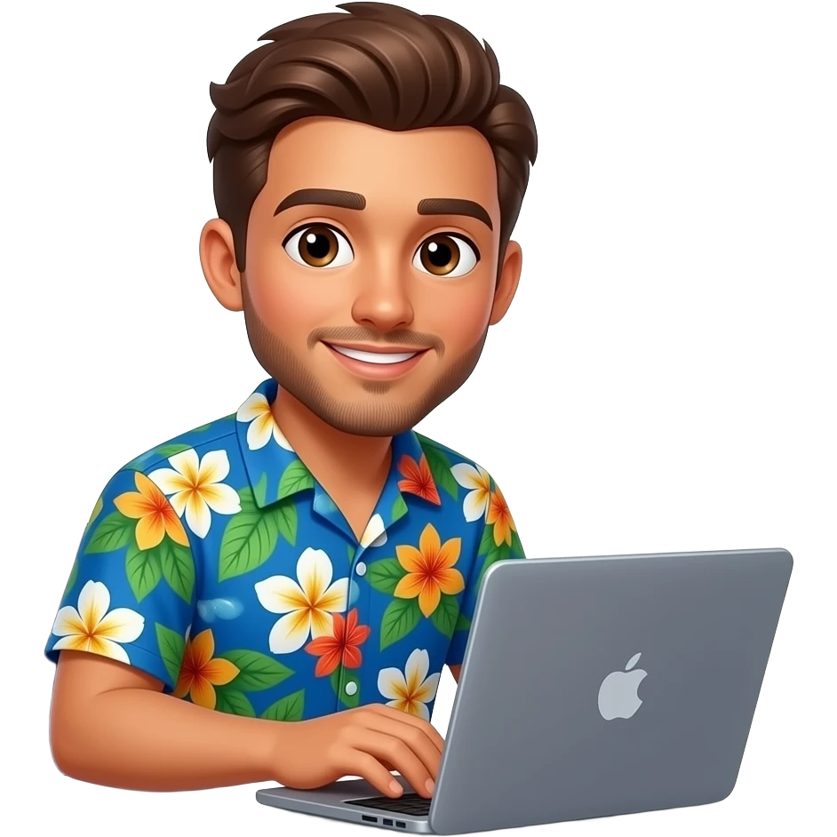 Cute light skinned guy wearing Hawaiian shirt with brown hair and brown eyes and light facial hair with hair parted to the right side at computer emoji