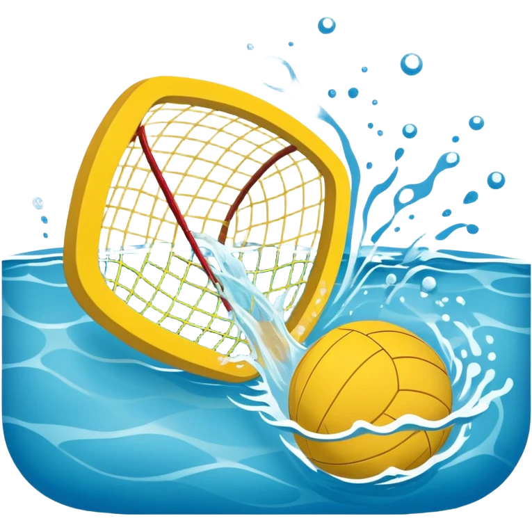 An icon featuring a yellow water polo ball floating on the water with goals in the background, inside a swimming pool. The design includes splashes and ripples, symbolizing the fast-paced action and strategy of water polo. Transparent background highlights. emoji