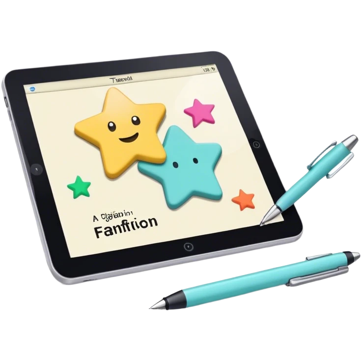 Create an emoji representing fanfiction writing. The design should feature an open notebook or digital device with visible text, symbolizing the creative process of writing fanfiction. Include elements like a pencil or pen nearby, and optionally, add a subtle reference to popular fictional characters or universes (like a small star, heart, or magical item) to indicate the fan aspect. Use a playful, imaginative color palette, blending vibrant tones with soft neutrals. Do not include any emojis or smiley faces. Make the background transparent. emoji