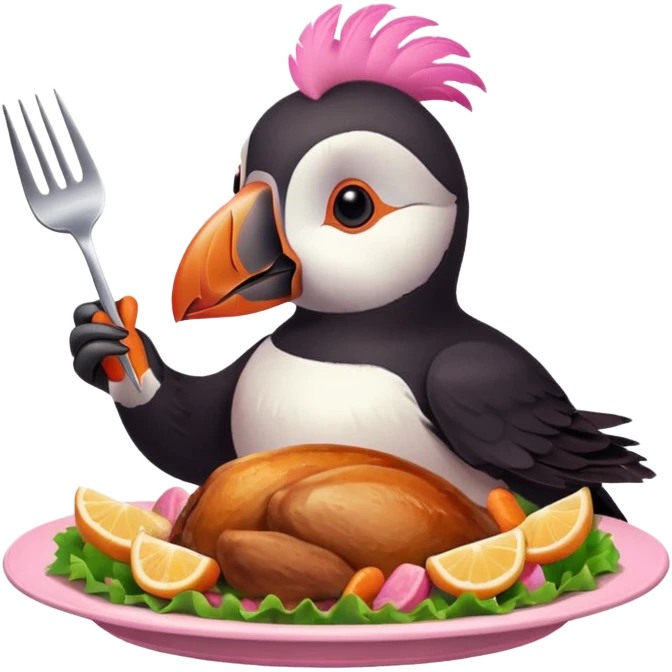 pink puffin that is pink-colored eating roast dinner emoji