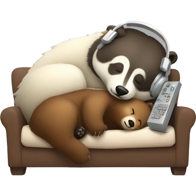 Badger sleeping next to bear wearing a headset playing video games emoji