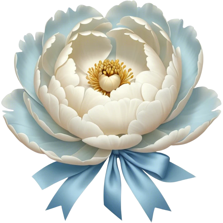 A single oversized peony in the softest shade of ivory sits in the center of a pearl-white canvas, its velvety petals unfolding like a quiet whisper. Wrapped around its stem is a wide, silk bow in a misty blue hue, its fabric pooling slightly onto the surface. The background’s subtle texture reflects light in a way that enhances the depth of the petals, creating an ethereal, almost weightless atmosphere. emoji