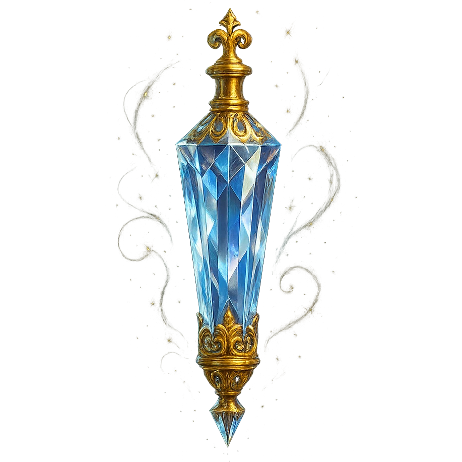 premium class crystal elixir bottle in baton shape, lots of shining, edges, ornaments, golden details, magical effects, very small golden neck, transparent background, beautiful seamless bottom, bottle clearly floating in air, no base or shadow, very luxurious, playful, matching the collection emoji