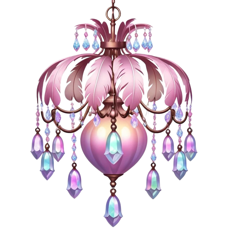 PInk iridescent Bell with chained hanging crystals with feathers CHANDELIER emoji