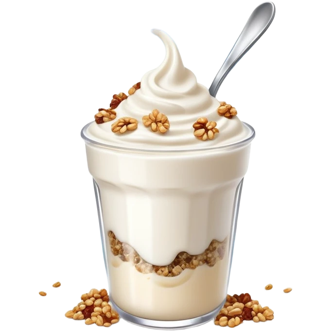 Mystical floating Greek yogurt cup with magical protein granola and glowing chia seeds, surrounded by sparkles and celestial aura emoji