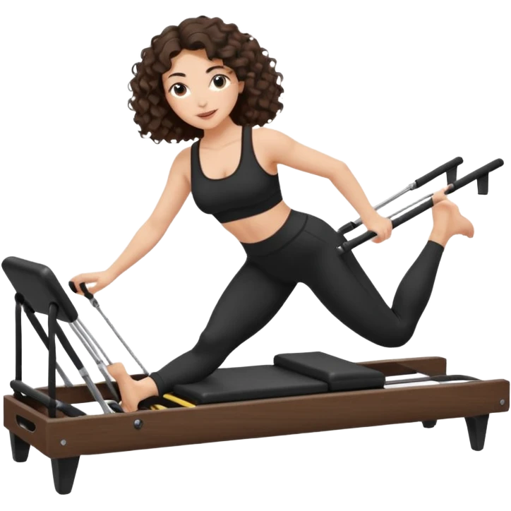 brunette,curly hair shoulder length,turkish,beautiful,with some eyelined eyes, 3b girl doing reformer pilates with black pilates cutesy set,on reformer machine,making different moves.just one person emoji