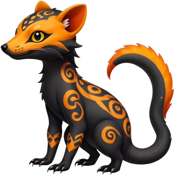 Rare warm-colored exotic edgy cute epic aesthetic spooky dark gothic colorful Salandit-Civet-species-Fakemon-hybrid-creature, with tribal tattoo markings, full body emoji