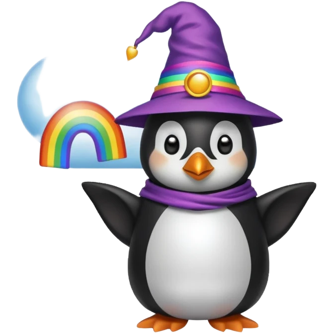 Penguin wizard in a cloud asking "What is rainbow connection?" emoji