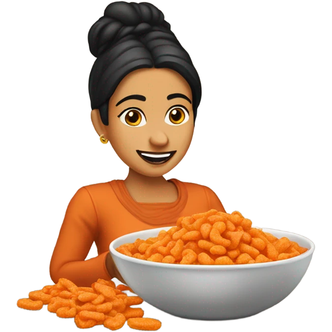 Mexican woman eating Cheetos and beans dip emoji