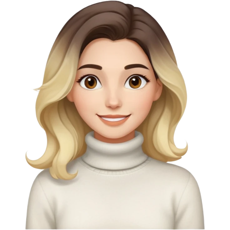 Mujer joven caucasian, cara alargada, cejas suaves, pelo marron oscuro ondulado con puntas rubias, raya al lado. Sonrisa amplia, expresión alegre. Turtle neck white sweater cozy with tea. Ombre hair.  emoji