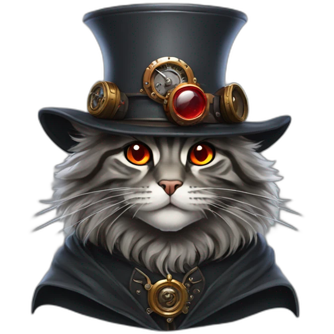 a dark grey tabby maine coon with red eyes wearing a black steampunk hat and a grey hunter cloak emoji