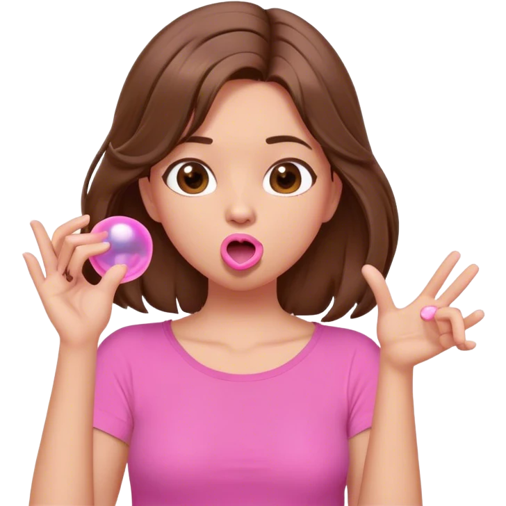 A digital illustration of a cartoon-style woman with shoulder-length brown hair, wearing a pink shirt. She is blowing a pink bubble gum bubble while playfully twirling a strand of her hair with her fingers. Her facial expression is relaxed and carefree. The background is plain white *3d emoji* emoji