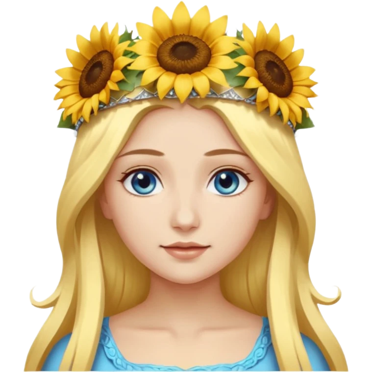 portrait woman long blonde hair blue eyes white skin wearing sunflower halo crown emoji