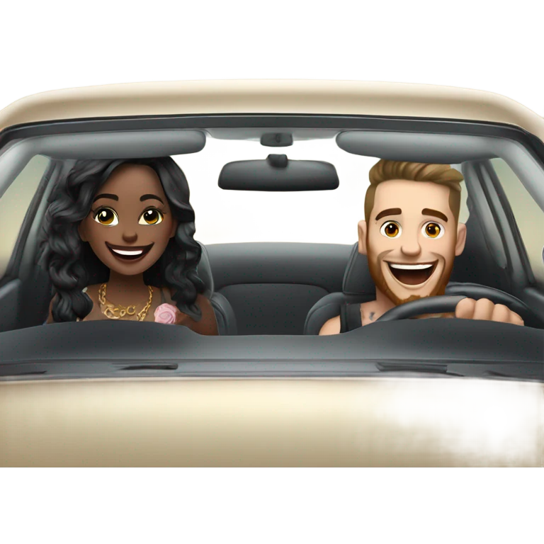 Hyper Realistic beautiful woman and a handsome tattooed man laughing while driving in a fancy car emoji