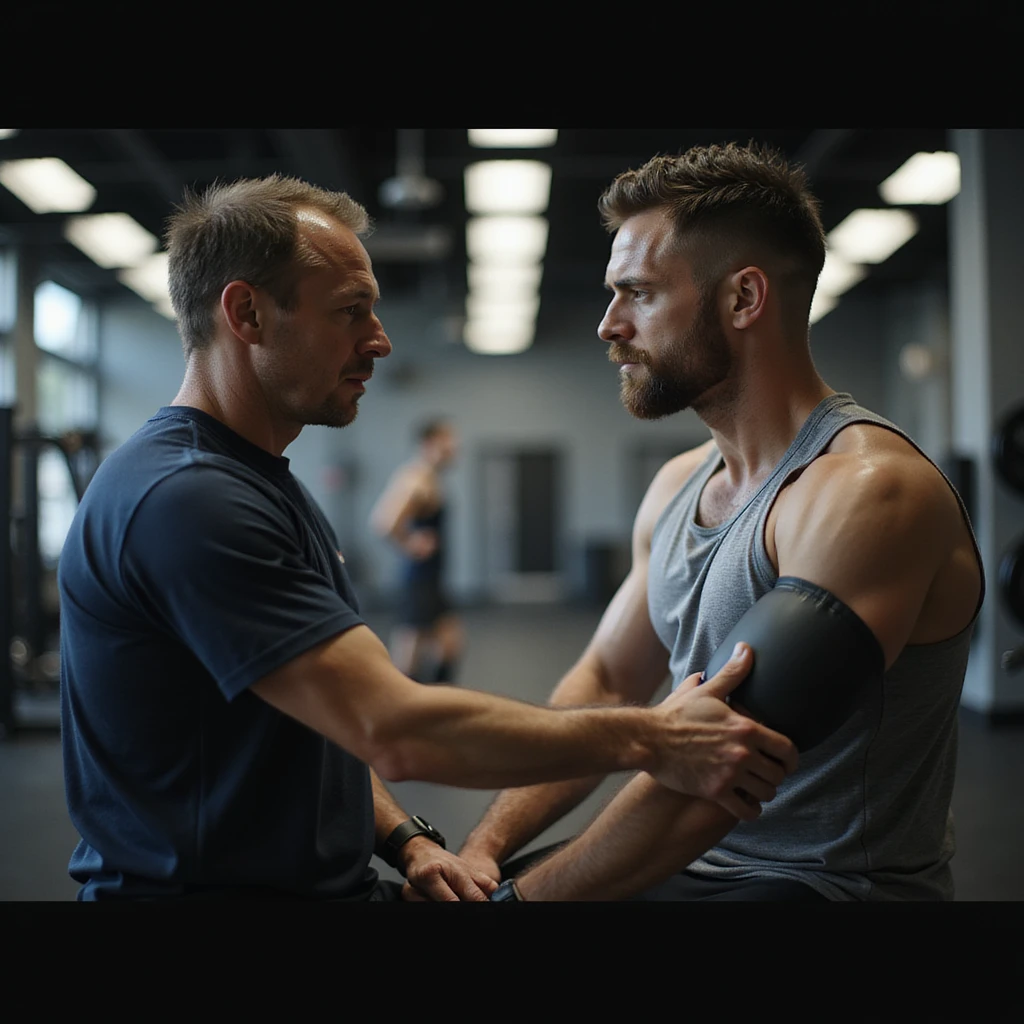 hyperrealistic 4K scene of coach measuring athlete's blood pressure in gym, both focused, professional atmosphere, detailed emoji