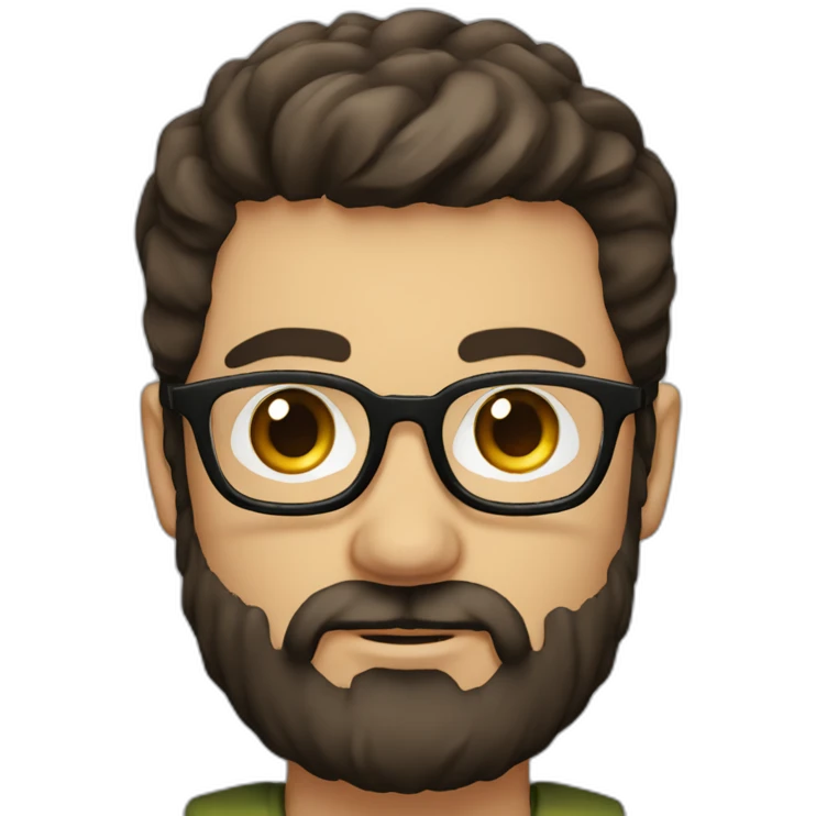 round-faced white man with a full dark brown beard, side parted dark brown hair, square glasses, olive coloured eyes emoji