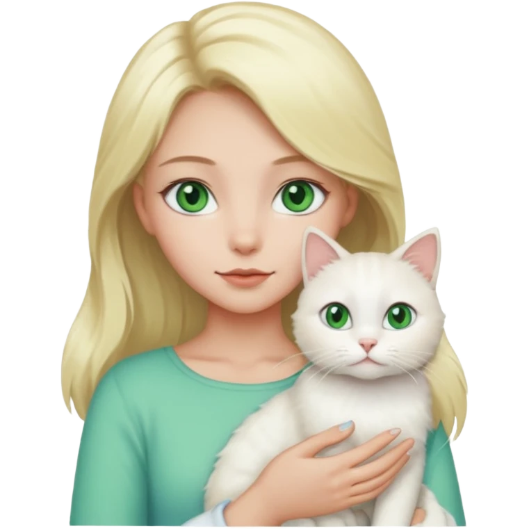 Blonde girl with green eyes holding a white cat with blue and green eyes emoji